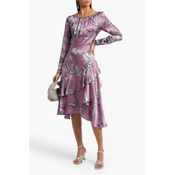 NWT MARCHESA NOTTE Lilac Asymmetric tiered floral-print satin midi dress 8 - Picture 1 of 4